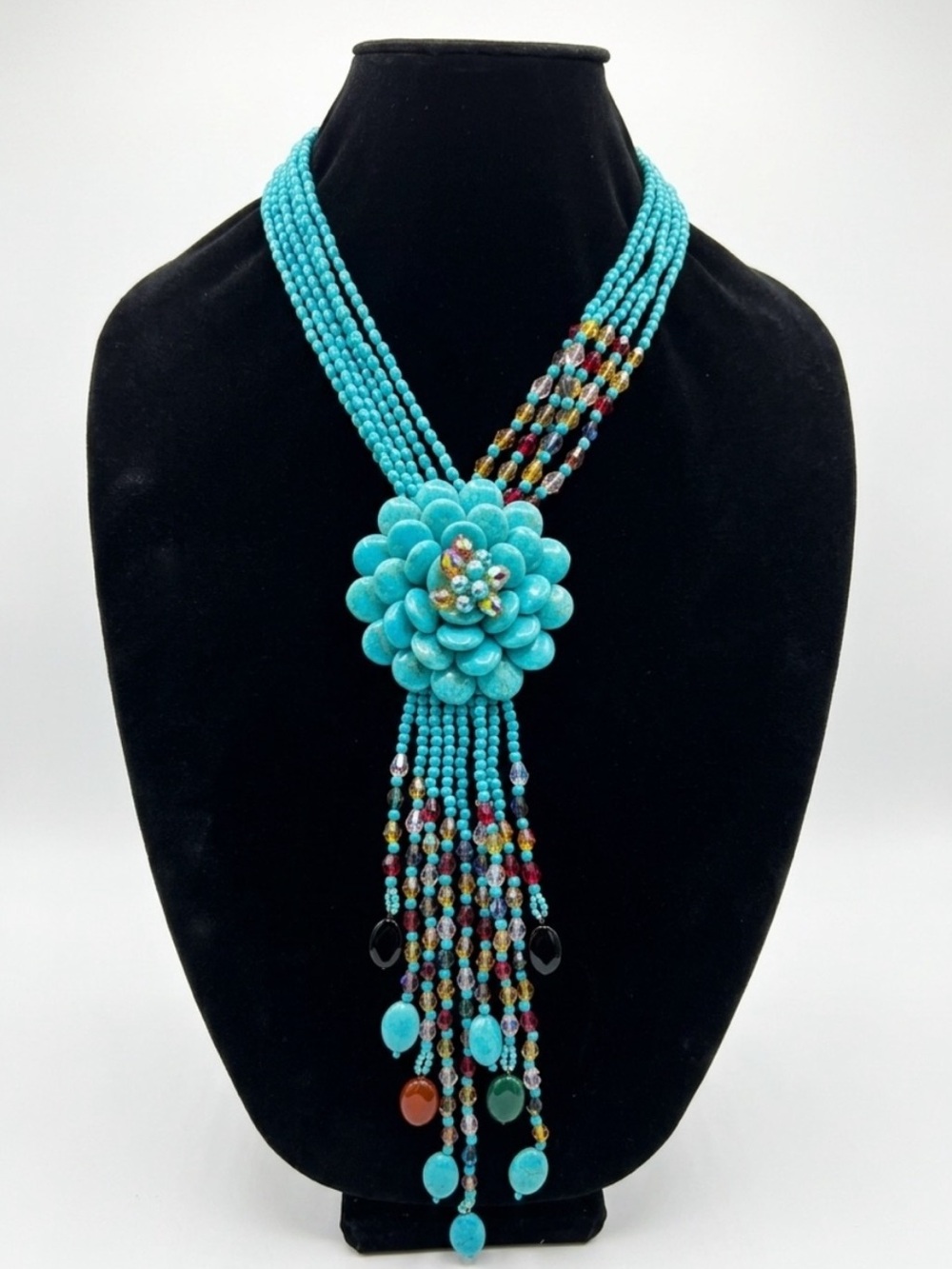 Joan Rivers Signed Vintage Starlet Turquoise Floral Bead Statement Necklace 20”